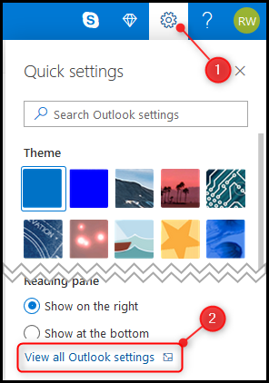The &quot;Settings&quot; cog and the &quot;View all Outlook settings&quot; option.