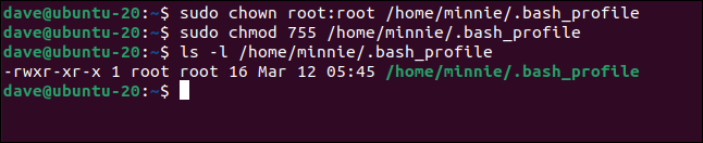 sudo chown root:root /home/minnie/.bash_profile in a terminal window