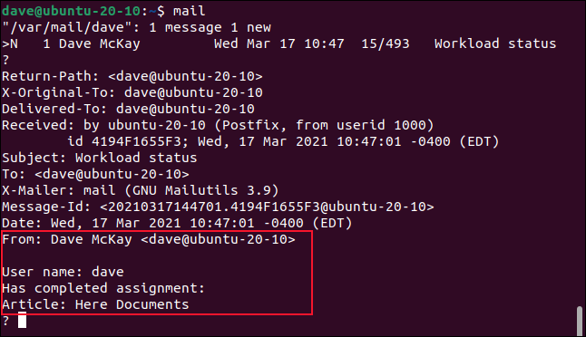 Output from the mail command in a terminal window