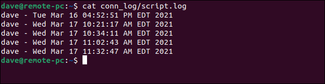 cat conn_log/script.log in a terminal window