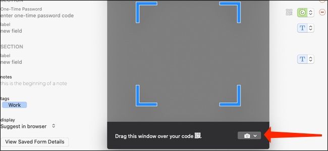 Tap the camera icon to open the webcam for scanning QR codes on other devices, using 1Password for Mac