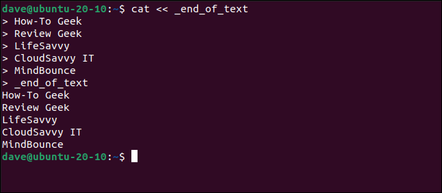 Output from a here document typed on the command line in a terminal window