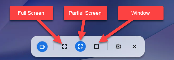 Screen capture options for full screen, partial screen, and window.