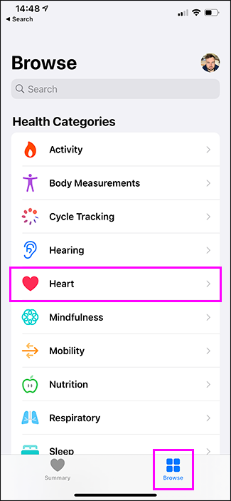 health app with heart highlighted