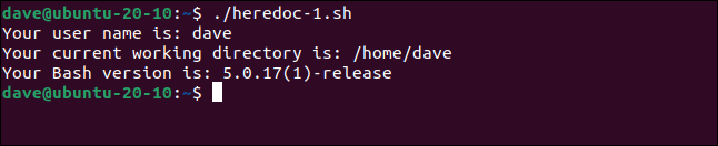 Output from ./heredoc-1.sh in a terminal window