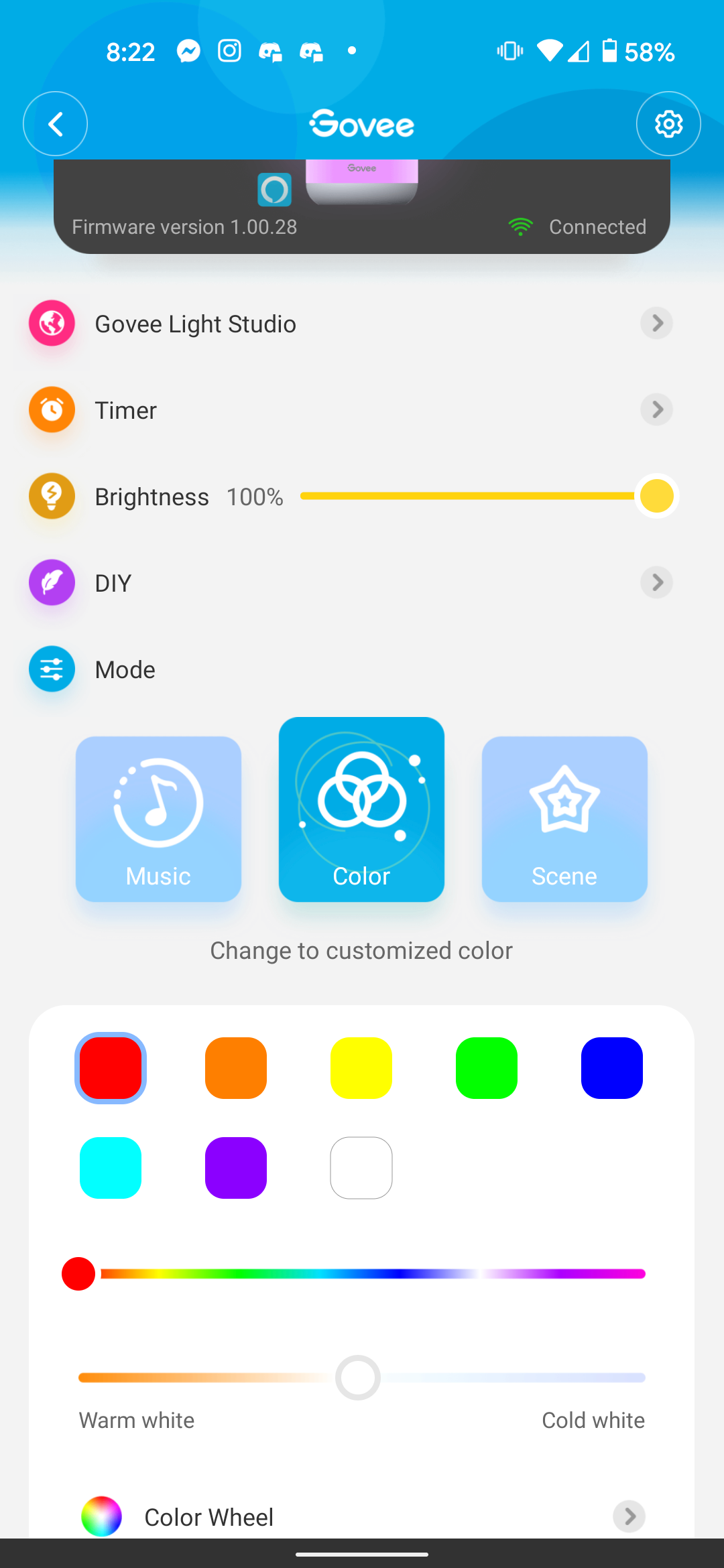 The Govee app showing the solid color option for the Aura Lamp