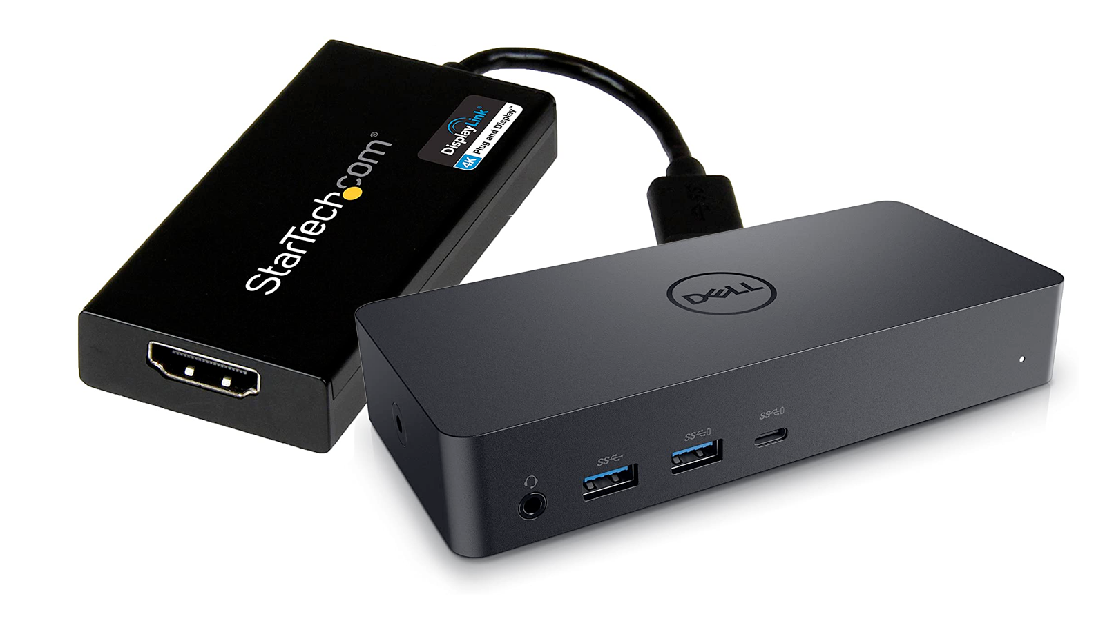 The Dell Unviersal Docking Station and the StarTech DisplayLink USB adapter.