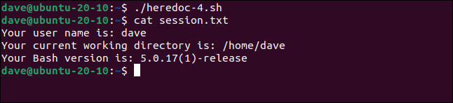 Output from ./heredoc-4.sh in a terminal window