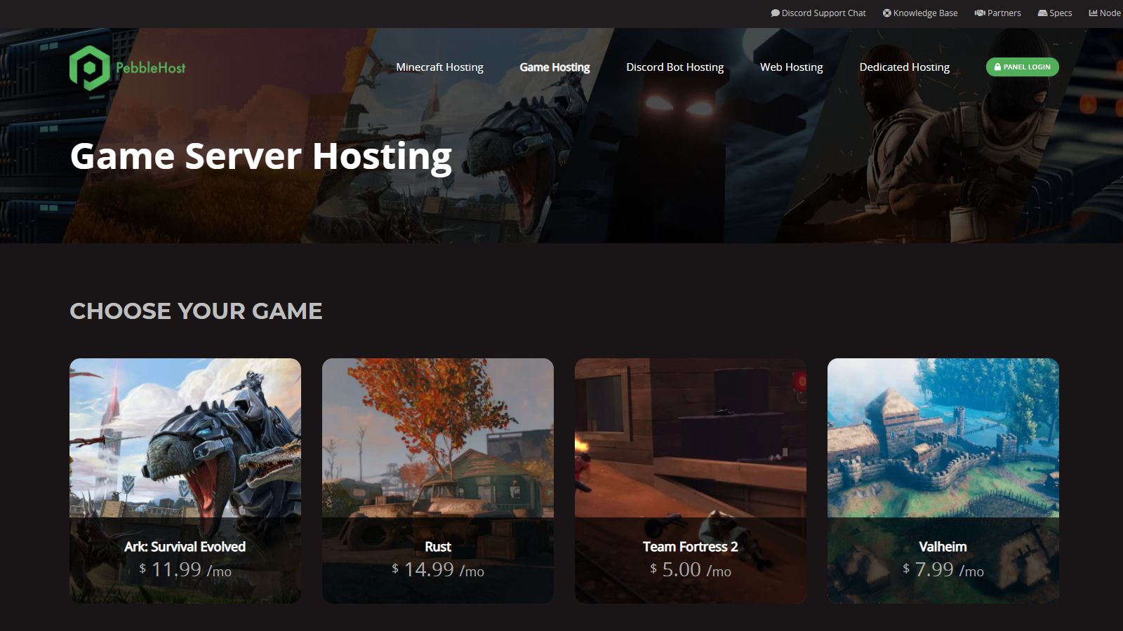 Screenshot of PebbleHost's &quot;Game Hosting&quot; page