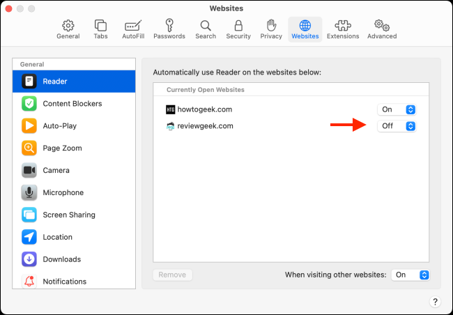All Websites With Reader Mode Settings in Safari for Mac