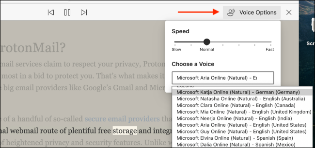 Click Voice Options in Immersive Reader in Edge