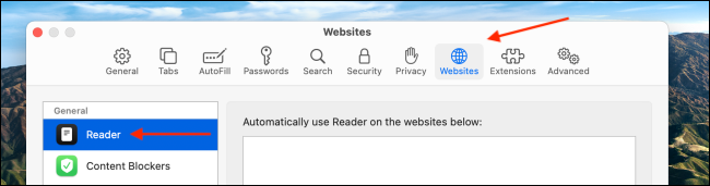 Click Websites and Choose Reader Section