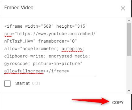 Copy button in embed video window