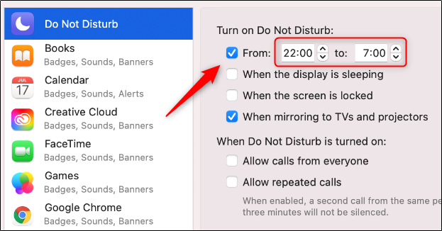 Do not disturb option in Apple's system notifications menu