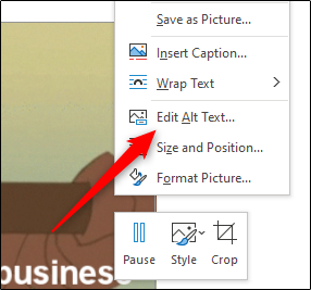 Edit alt text button in context menu in Word