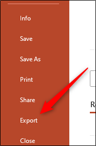 Export option in left hand pane of File tab