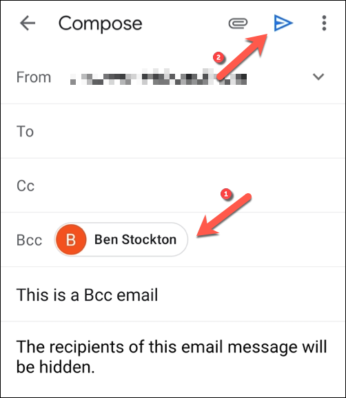 Add the email recipients you wish to hide in the &quot;Bcc&quot; field box, then tap the &quot;Send&quot; button to send the message.
