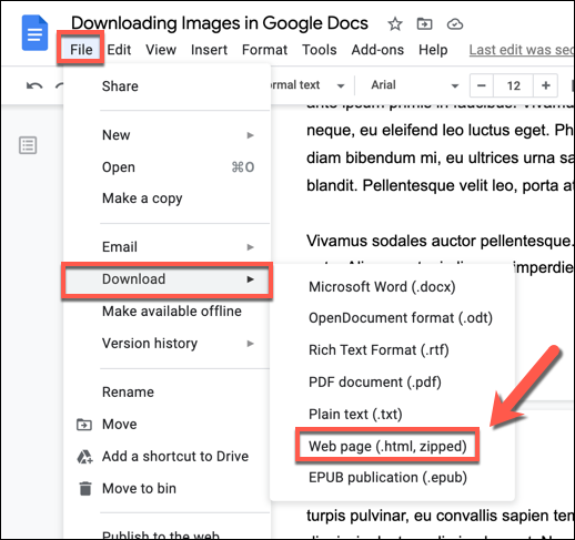 To download a Google Docs document as HTML, press File > Download As > Web Page (.html, zipped).