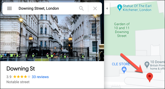 An example of a dropped pin in Google Maps, with the information panel on the left.