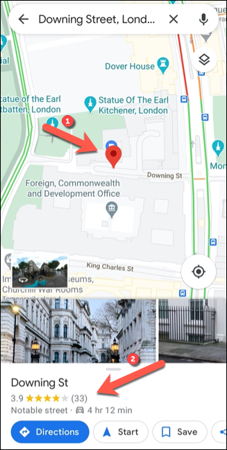 Searching for a location in Google Maps will generate a dropped pin in the same location. To view more information, tap the information panel at the bottom.