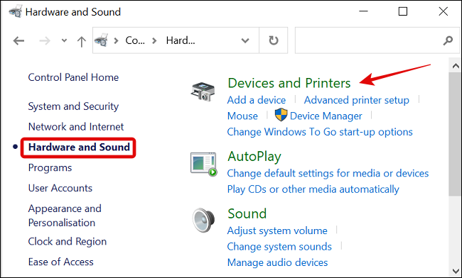 Click Hardware and Sound in Control Panel Menu and Choose Devices and Printers