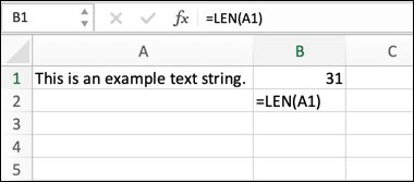 An example of an Excel formula using the LEN function, calculating the length of a text string.