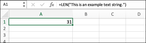 An example of the LEN function in Excel, showing the length of a text string placed in the formula directly.