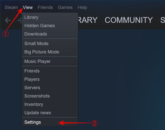 Open Settings from View option in Steam