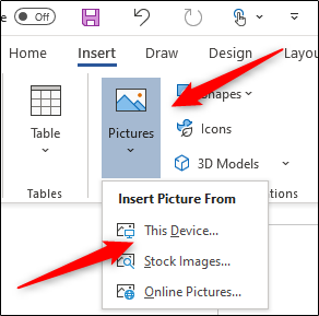 Pictures option in the Illustrations group of the Insert tab in Word