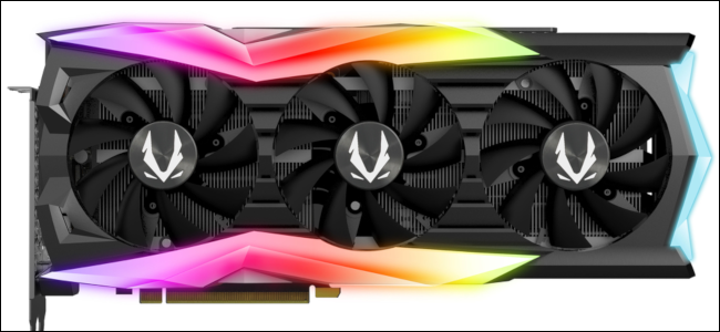 A long Zotac graphics card with three fans and RGB lighting.