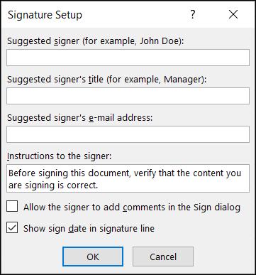Select the options for the signature