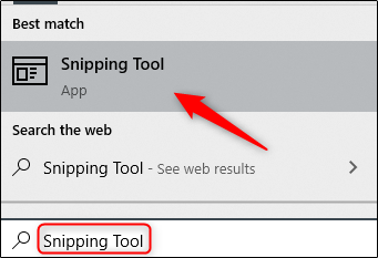 Snipping Tool app in search results in Windows 10