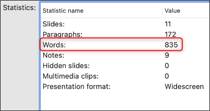 Word count in statistics tab on Mac