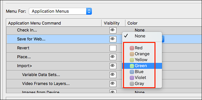 Apply a color to a Photoshop menu item