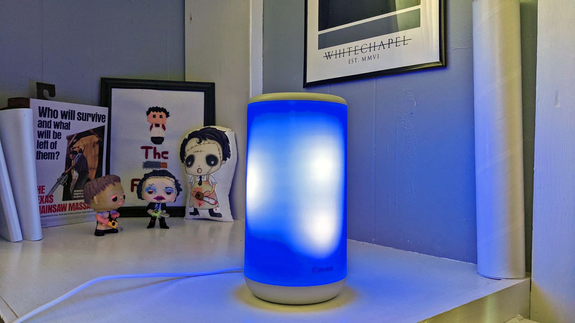 The Aura Lamp with the &quot;Snow Flake&quot; setting enabled, blue and white lights