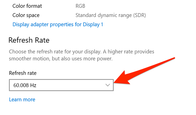 Advanced display settings menu in Settings