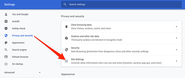 Site settings option in Chrome
