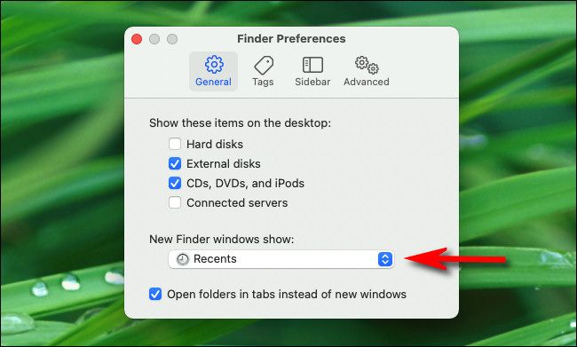 In Finder Preferences, click the "New Finder windows show" menu.