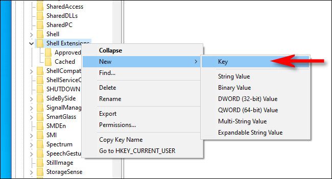 Right-click "Shell Extensions" and create a new key.