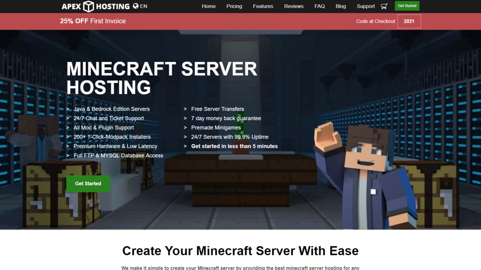 Screenshot of Apex Hosting's homepage