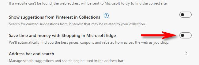 Turn off the switch beside "Save time and money with Shopping in Microsoft Edge."