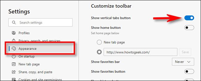 In Edge Settings, click "Appearance" then turn on "Show vertical tabs button."