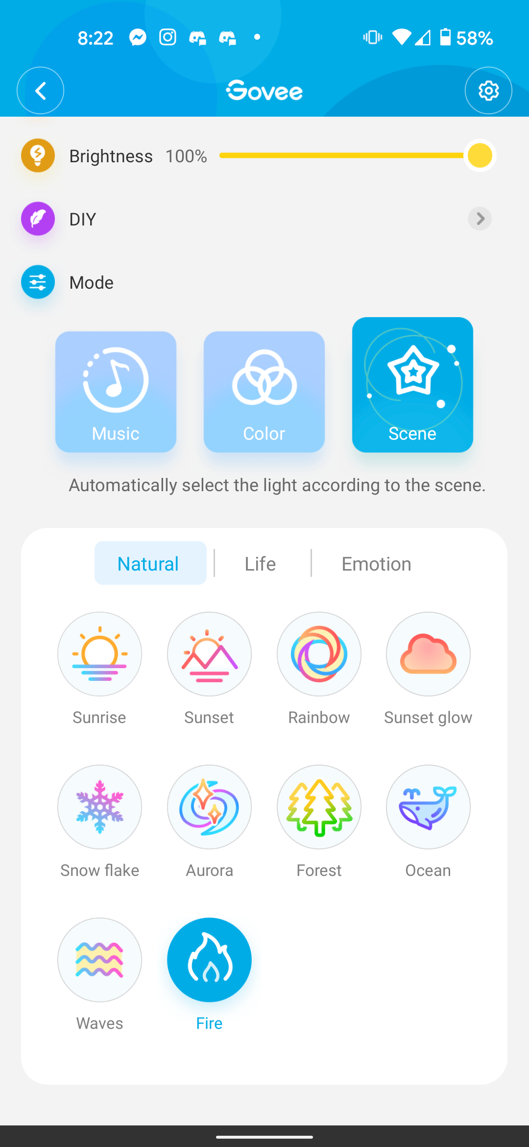 The Govee app showing the Aura Lamp's scenes