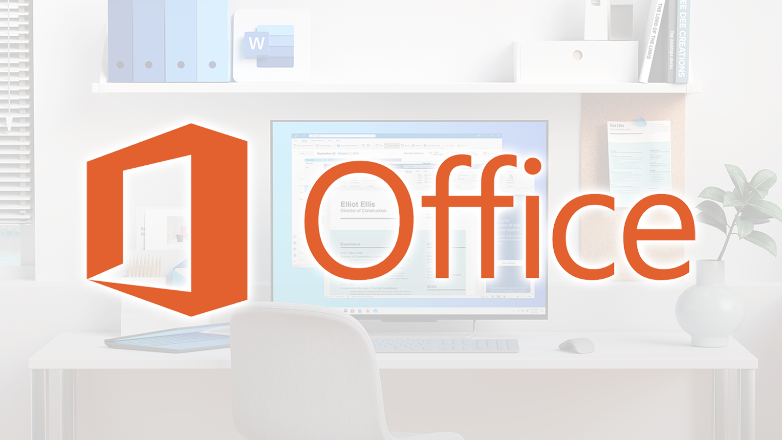 The Microsoft Office logo over an image of a desk.