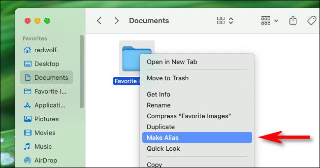 Right-click a folder icon and select "Make Alias."