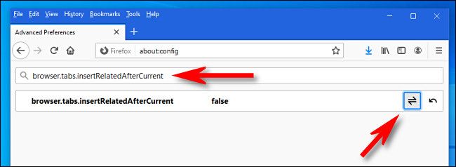 Search for "browser.tabs.insertRelatedAfterCurrent," then click the toggle button to set the option to "false."