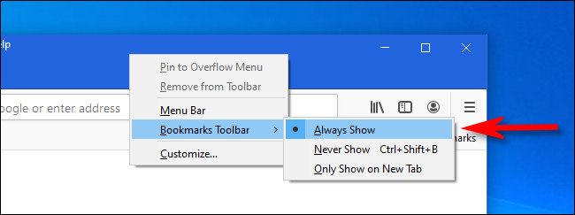 Right-click the Firefox tab bar and select "Bookmarks Toolbar" from the menu, then choose "Always Show."
