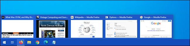 An example of Firefox taskbar tab preview thumbnails in Windows 10.