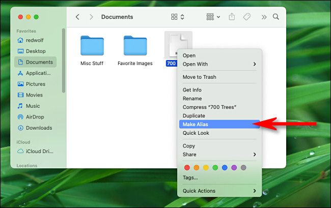 Right-click a file or folder and select "Make Alias" from the menu.