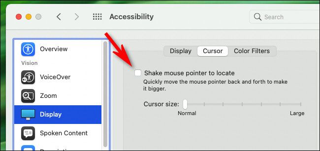 To disable the shake-to-find mouse pointer feature in macOS, uncheck "Shake mouse pointer to locate."